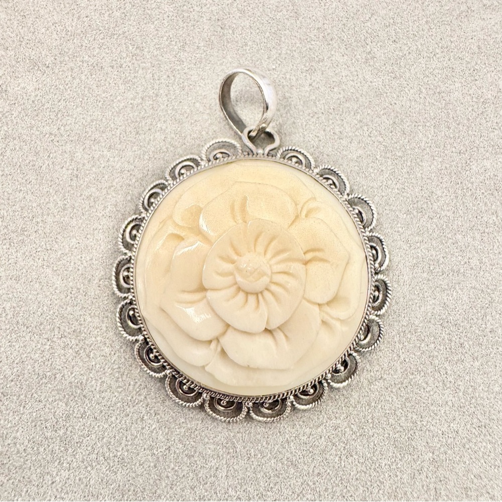 Sterling Silver & Carved Flower Pendant